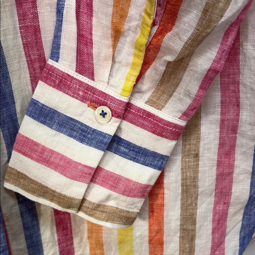 🌋 Talbots Striped linen Blouse  Long Sleeves yellow white orange tan pink blue: - Picture 3 of 4
